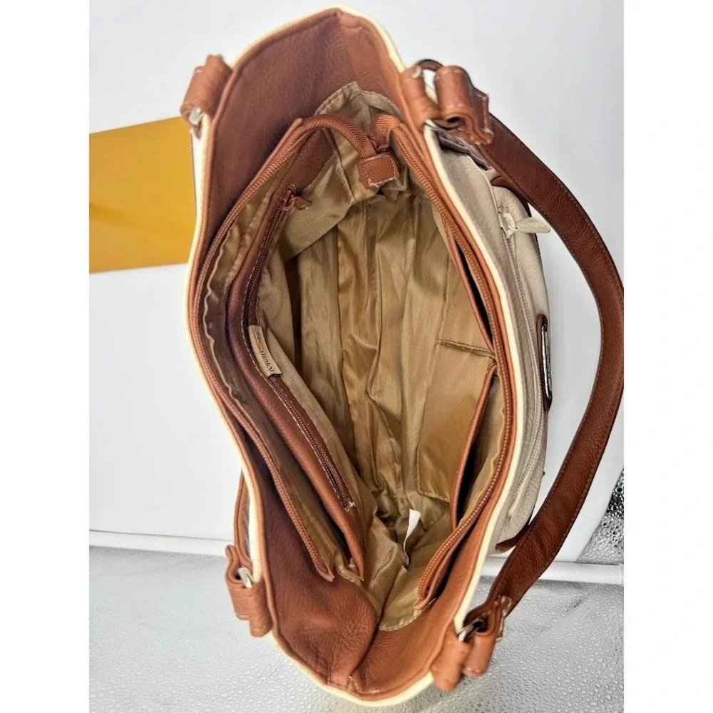 MultiSac Women Shoulder Bag Beige Brown Faux Leather Large Tote Zip Pockets